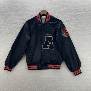 VTG Varsity Bomber Jacket Mens S Black Adamson Basketball Native American USA